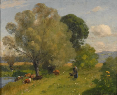 WOMAN AND CHILD IN PASTORAL LANDSCAPE