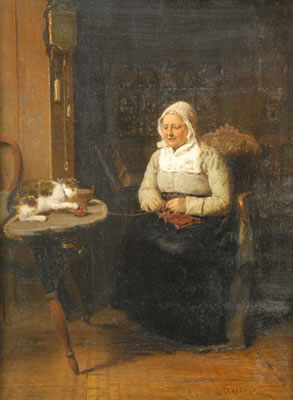 WOMAN AND CAT IN INTERIOR