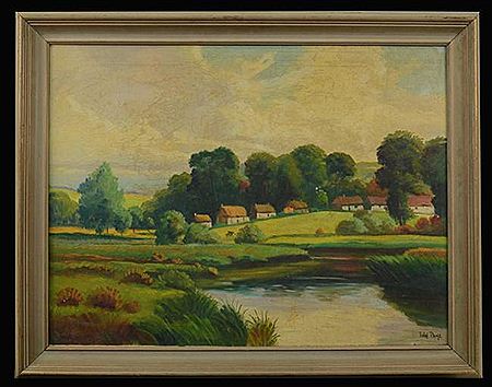 River Landscape with Cottages