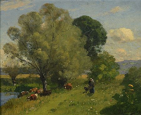 WOMAN AND CHILD IN PASTORAL LANDSCAPE