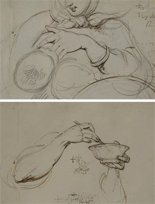 Chinese mother and child, Study of a man's hands holding a bowl and chopsticks