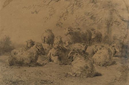 SHEEP RESTING BENEATH A TREE