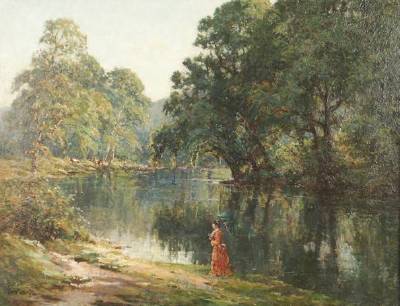 Woman Strolling by a Pond