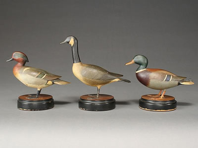 Three 1/3 size carvings: A Canada goose, greenwing teal drake and mallard drake by George Reinbold - Auction record, sale price, and art valuation. Compare with similar artists and explore comparable artworks.