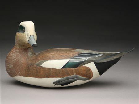 Widgeon drake with turned head and carved tucked feet
