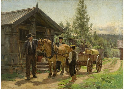 To menn og en gutt ved hest og kjerre