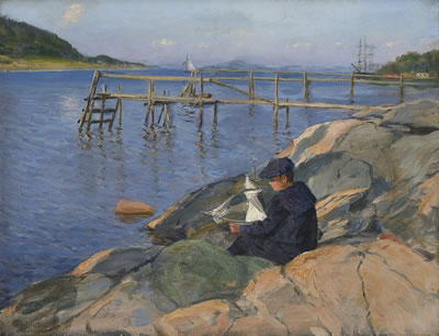 Boy with sailboat by Jacob Bratland - Auction record, sale price, and art valuation. Compare with similar artists and explore comparable artworks.