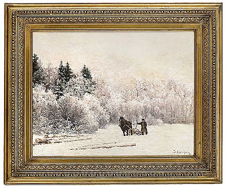 Timber driving in winter landscape (1884) by Jakob Gloersen - Auction record, sale price, and art valuation. Compare with similar artists and explore comparable artworks.