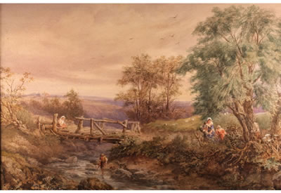 Landscape with figures and a dog by a stream
