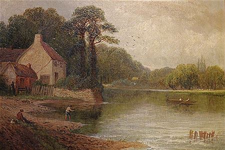 A view on the Trent, with a farmstead and fishermen on the river bank, rowing boat in the mid ground by Charles Leaver Shaw - Auction record, sale price, and art valuation. Compare with similar artists and explore comparable artworks.