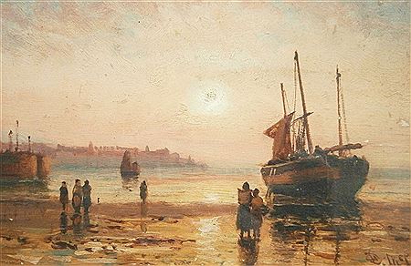 Fishing vessels and figures at low tide