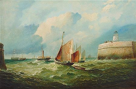 Harbour scene with masted and paddle ships