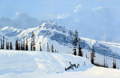 Sample artwork by Ted Raftery (Born 1938), known for mountain, winter scene, prairie landscape painting - View similar artists and auction records