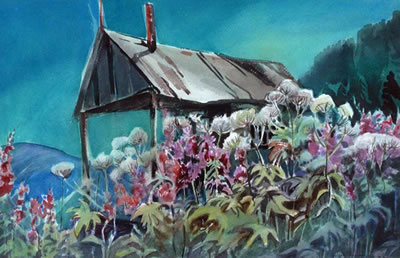 ALPINE WILDFLOWERS AND MOUNTAIN CABIN