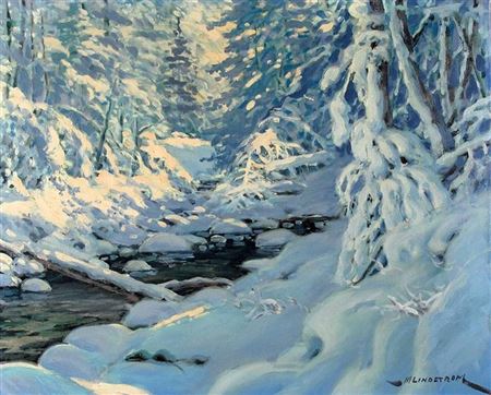 Sample artwork by Matt Lindstrom (1889 - 1975), known for landscape, figure, rural, mountain and prairie scene painting, historical events - View similar artists and auction records