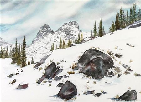 WINTER LANDSCAPE WITH MOUNTAINS AND ROCKS