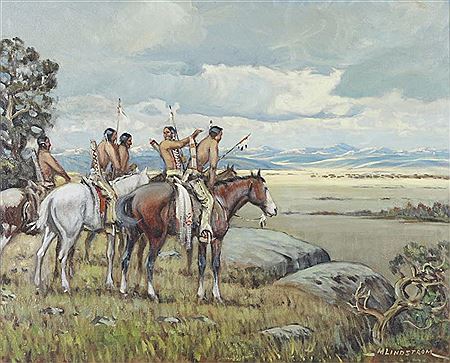 HUNTERS ON HORSEBACK TRACKING DISTANT BISON