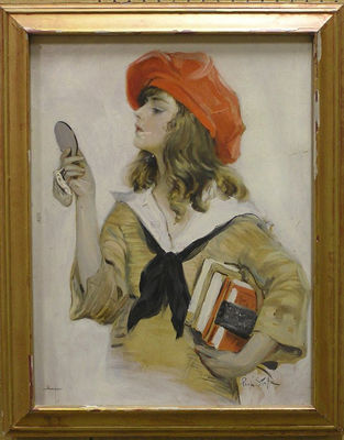 Schoolgirl with Red Beret and Compact