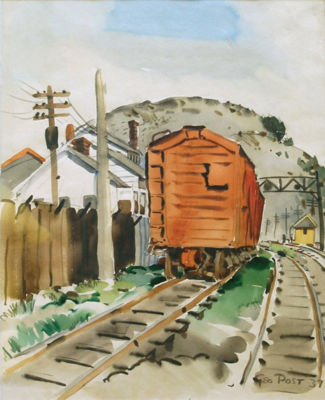 Hillside with Railroad Tracks and Caboose by George Booth Root Post - Auction record, sale price, and art valuation. Compare with similar artists and explore comparable artworks.