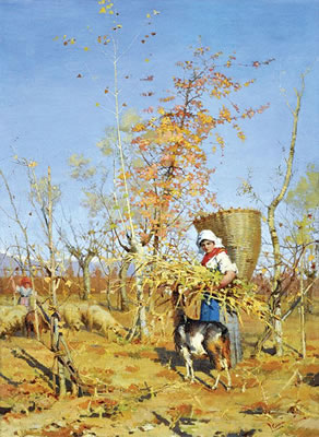 Girl Carrying a Basket and Wheat Sheaf with a Goat