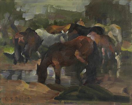 Horses at Watering Hole (also Group of Horses), circa 1930-1933 by Clayton Sumner Price - Auction record, sale price, and art valuation. Compare with similar artists and explore comparable artworks.