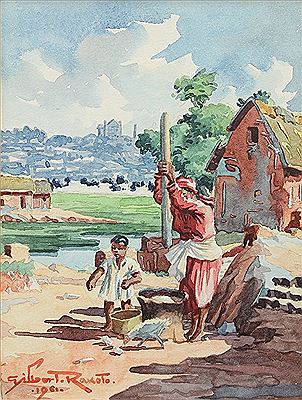 Woman with Child Preparing Rice with the Palace in the Background and Figures near Thatched House by the Sea, 1961 (2)