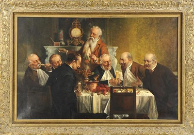 Seven elderly men at the feast by Hans August Lassen - Auction record, sale price, and art valuation. Compare with similar artists and explore comparable artworks.