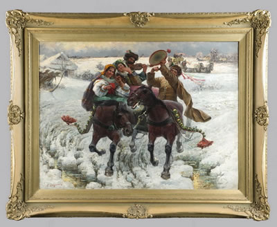 Fröhlicher Hochzeitszug in verschneiter Landschaft