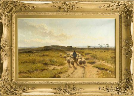 Hirte mit seiner Schafherde in den Dünen