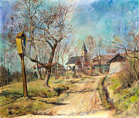 Süddeutsche Dorfansicht mit Flurkreuz am Wegesrand by Albert Spethmann - Auction record, sale price, and art valuation. Compare with similar artists and explore comparable artworks.