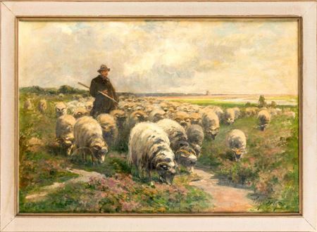 Hirte mit einer Herde Heidschnucken in norddeutscher Heidelandschaft