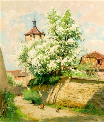 Blühender Baum in Rothenburg o.d.T. mit dem alten Turm im Hintergr. u. Hühnern im Vordergr. by Hans Prentzel - Auction record, sale price, and art valuation. Compare with similar artists and explore comparable artworks.