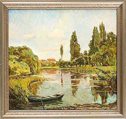 Summer water landscape with settlement in the background