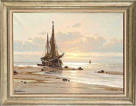 Fishing boat at atmospheric evening light on beach