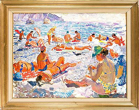 Many figures beach scene