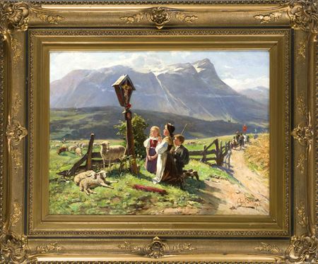 'Gebet vor dem Marterl', 3 kniende Kinder vor einem Wegekreuz in sonnenbeschienener Alpenlandschaft, anbei Lämmer, im Mittelgrund weitere Personen mit Pfarrer bei Fronleichnamsprozession, im Hintergrund Bergpanorama by Karl Boker - Auction record, sale price, and art valuation. Compare with similar artists and explore comparable artworks.
