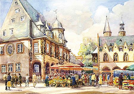 Wochenmarkt in Goslar mit dem Hotel Kaiserworth und dem Rathaus