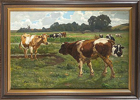Studium an der Kunstschule Weimar bei E. Bracht, A. Brendel u. M. Thedy, Kühe in weiter Landschaft