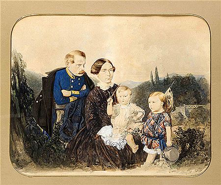 Portrait des königlich sächsischen Oberpostkommissares Carl Friedrich Hermann Schuze (1820-1886) mit seiner Familie vor einer Mittelgebirgslandschaft