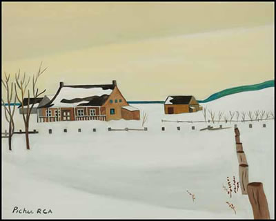 Sample artwork by Claude Picher (1927 - 1998), known for stylized, folk art landscape, still life, portrait, village scene and genre painting - View similar artists and auction records