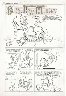 Harvey Hits #60 (Paramount Animated Comics #1), Complete 5-page Baby Huey Story "Play Ball" Original Art (Harvey, 1953).