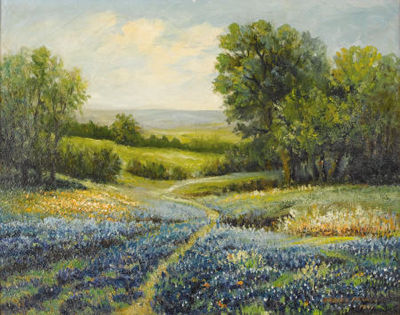 Sample artwork by Robert Pearson (Born 1880s), known for texas bluebonnet and cactus landscape painting - View similar artists and auction records