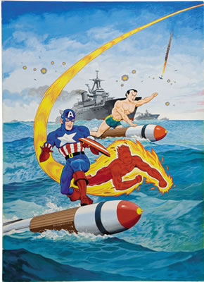 Overstreet Comic Book Price Guide #21 Cover Featuring Captain America, The Human Torch, And The Sub-Mariner Original Art (1991).