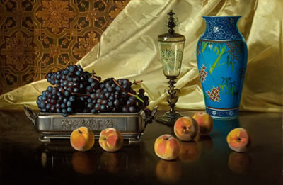 Still Life with Peaches and Grapes in a Silver Dish by Edward Chalmers Leavitt - Auction record, sale price, and art valuation. Compare with similar artists and explore comparable artworks.