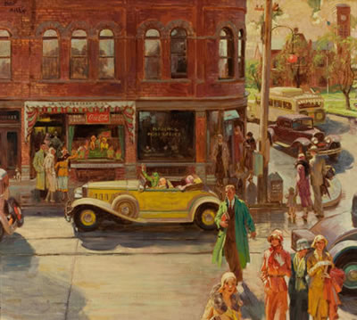 Bustling Street corner by Frederic Kimball Mizen - Auction record, sale price, and art valuation. Compare with similar artists and explore comparable artworks.