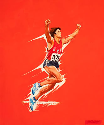Bruce Jenner, Olympic Decathlon winner, Wheaties cereal box illustration, 1976