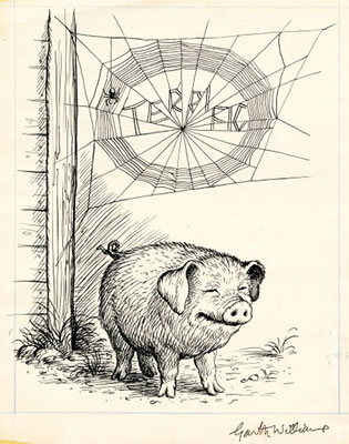 There Was the Handsome Pig, and Over Him, Woven Neatly in Block Letters, Was the Word TERRIFIC, Charlotte's Web, Page 95 illustration, 1952