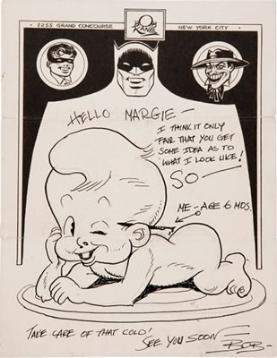 Portrait of Bob (Kahn) Kane: Self Portrait as a Baby Drawn on Batman Stationery Original Art (undated)
