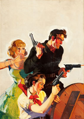 Cowboy with Two Women, Action Stories pulp cover, August 1935 by Emery Clarke - Auction record, sale price, and art valuation. Compare with similar artists and explore comparable artworks.