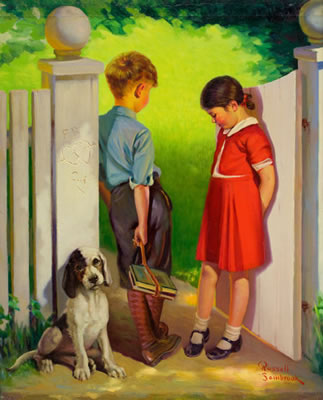 Sample artwork by Russell Sambrook (1891 - 1956), known for magazine illustrator, genre and figure painting - View similar artists and auction records